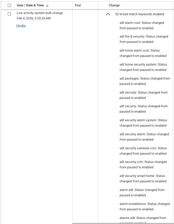 „Low activity system bulk changes” może włączać słowa kluczowe