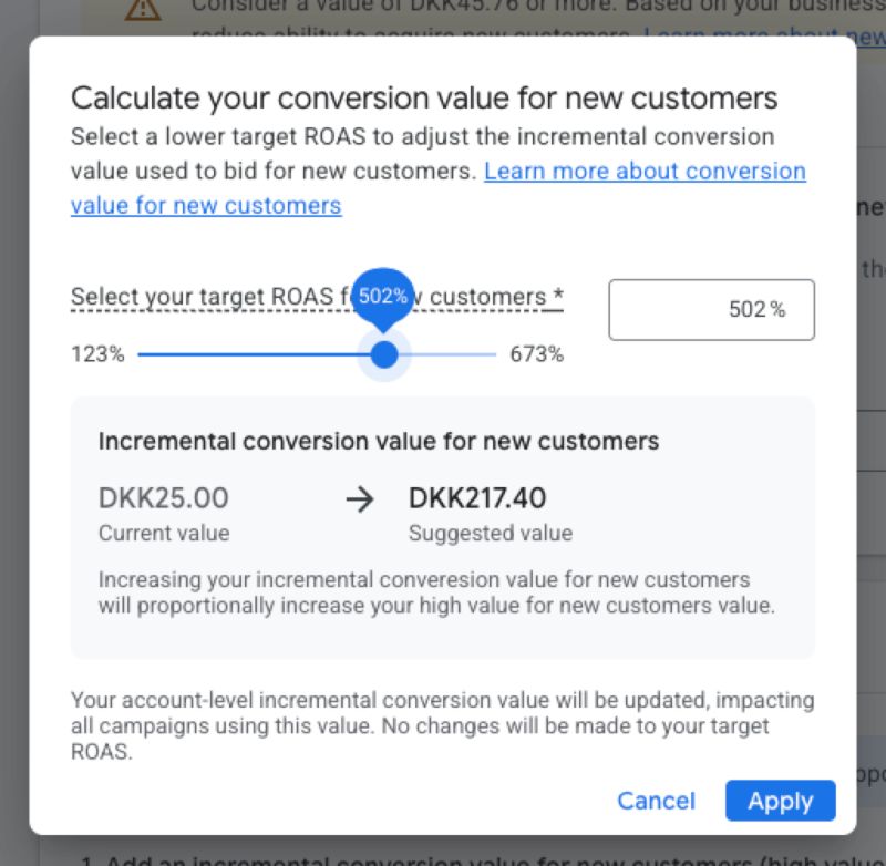 Obliczanie wartości konwersji dla nowych klientów na podstawie docelowego ROAS-u