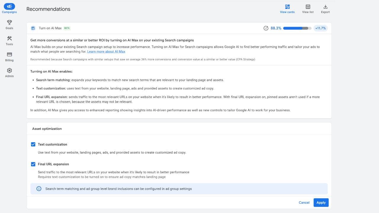 Google Ads mocno promuje AI Max w rekomendacjach