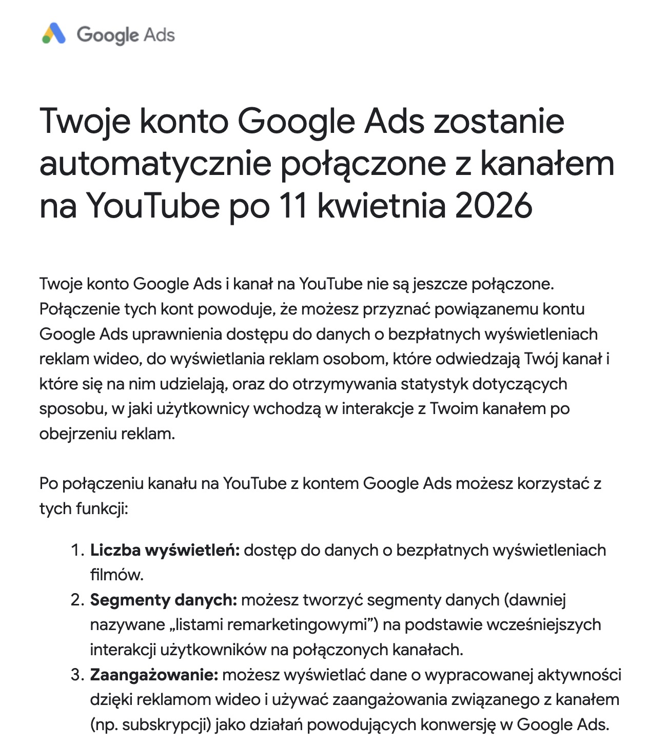 Automatyczne łączenie Google Ads z kanałem YouTube