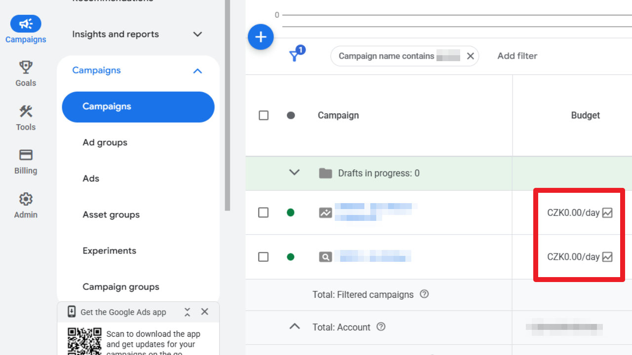 Błąd w Google Ads - budżet 0,00 po użyciu filtrów