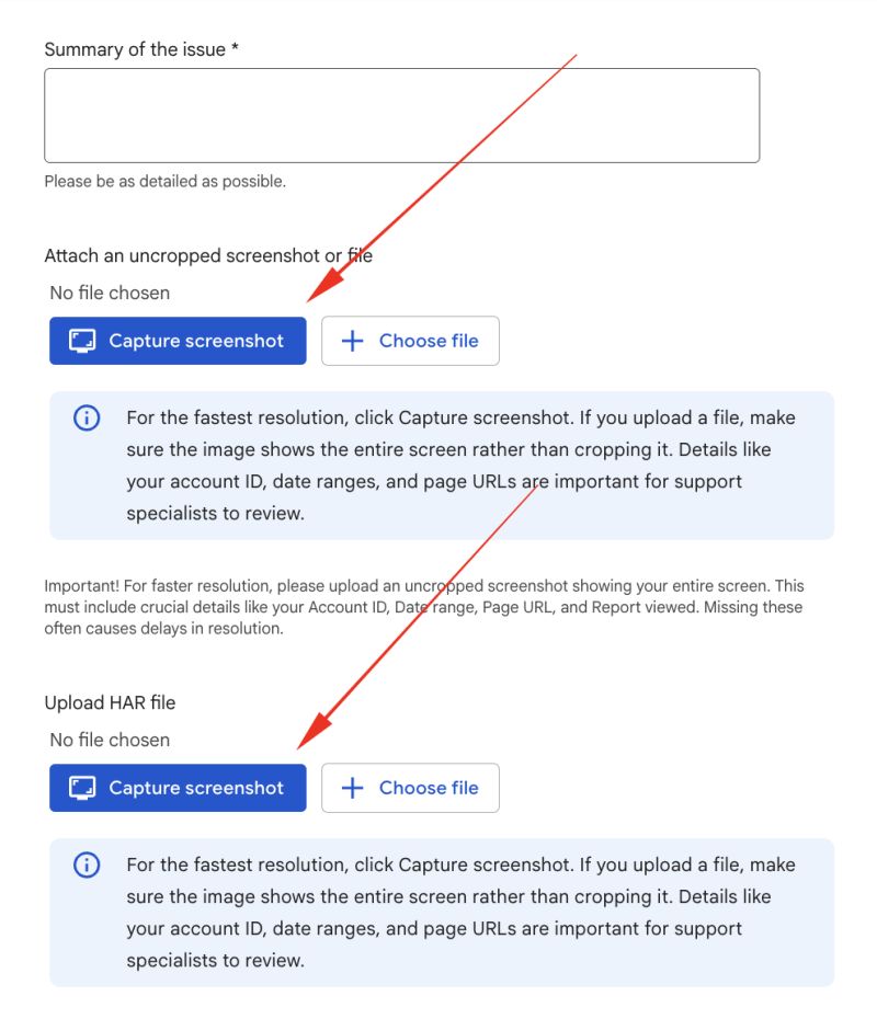 Nowy przycisk „Capture Screenshot” w formularzu wsparcia Google Ads