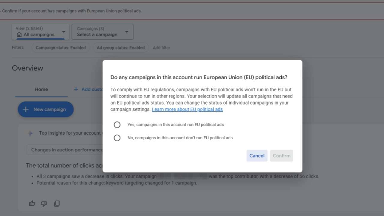 Popup o reklamach politycznych UE w Google Ads