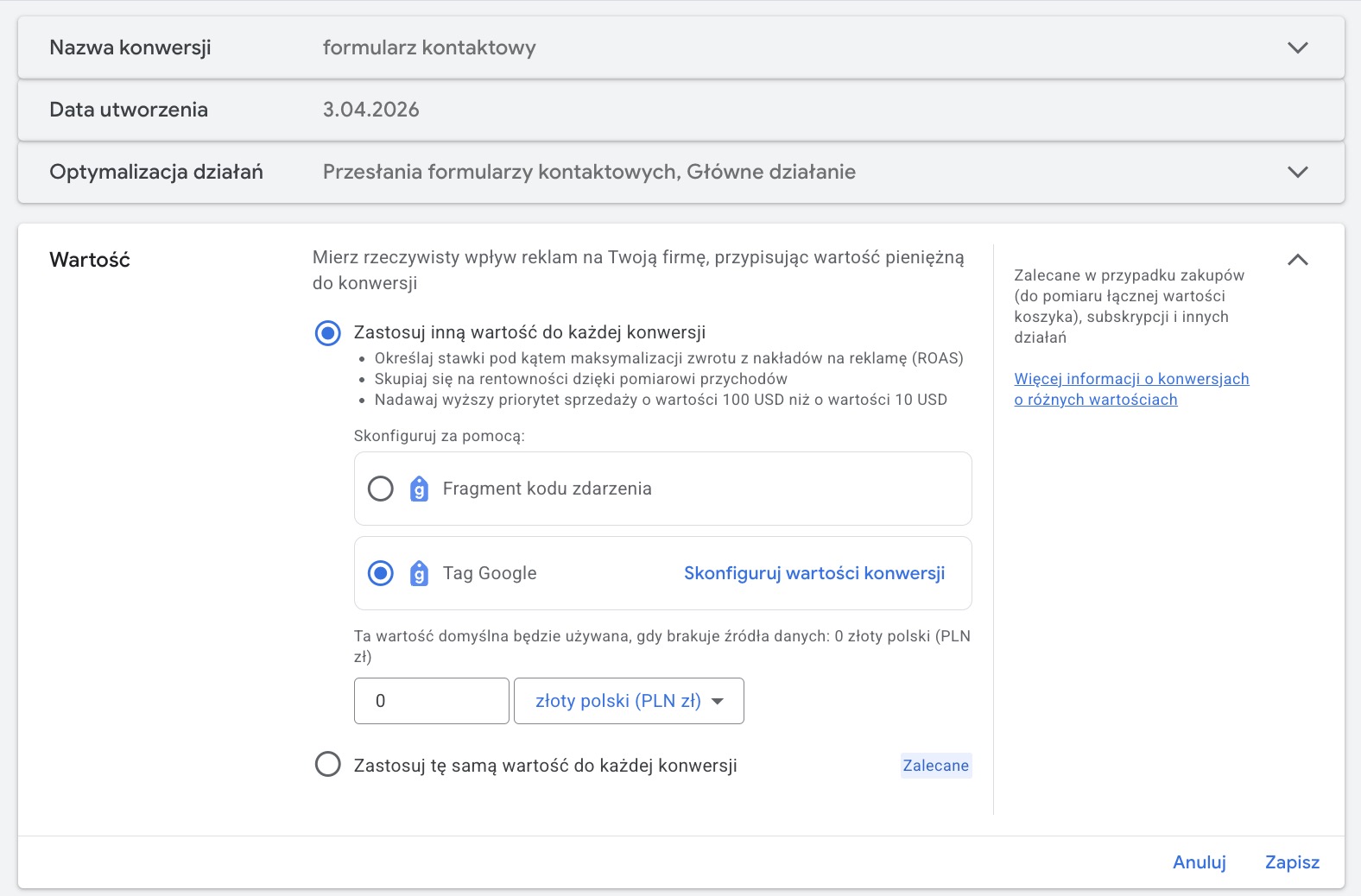 Google Ads wymusza ustawienie wartości konwersji