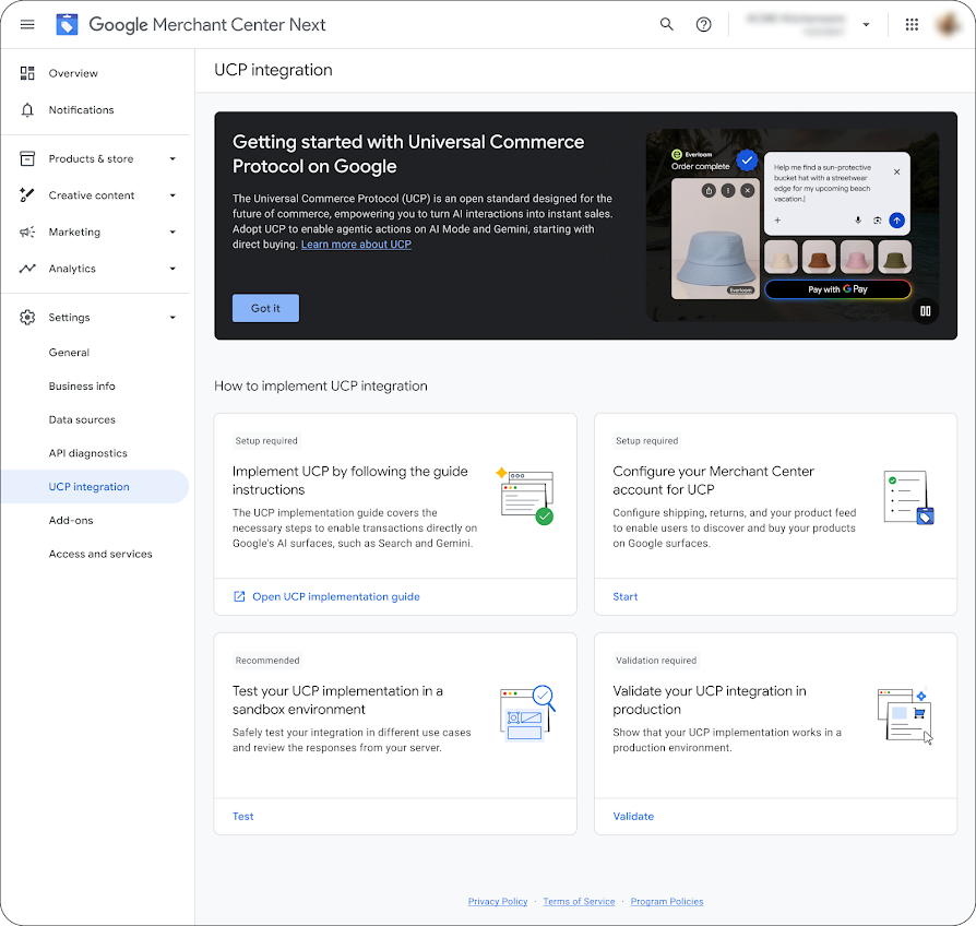 Nowy onboarding UCP w Merchant Center
