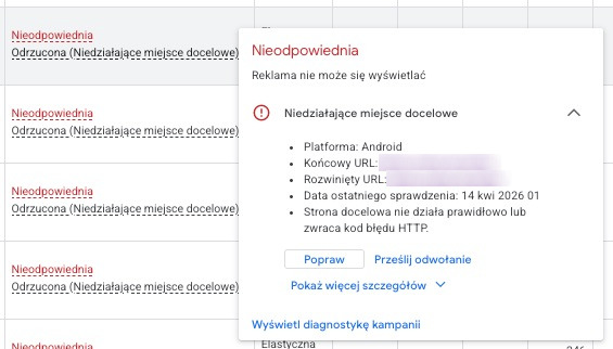 Google Ads błędnie odrzuca reklamy jako „Niedziałające miejsce docelowe”