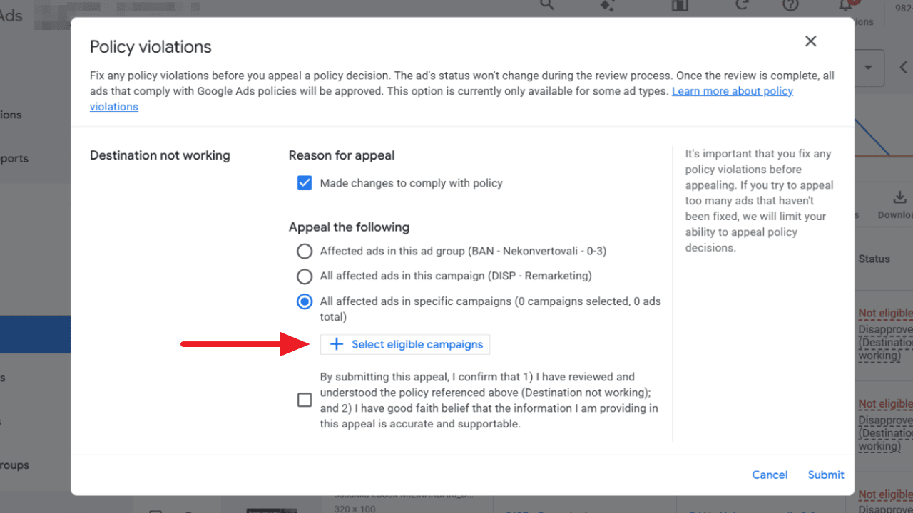 Możliwość wyboru kampanii przy zbiorczym przesyłaniu zgłoszeń o akcept odrzuconych reklam