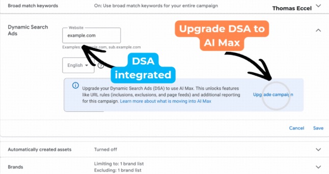 Możliwość migracji kampanii DSA do wersji AI Max