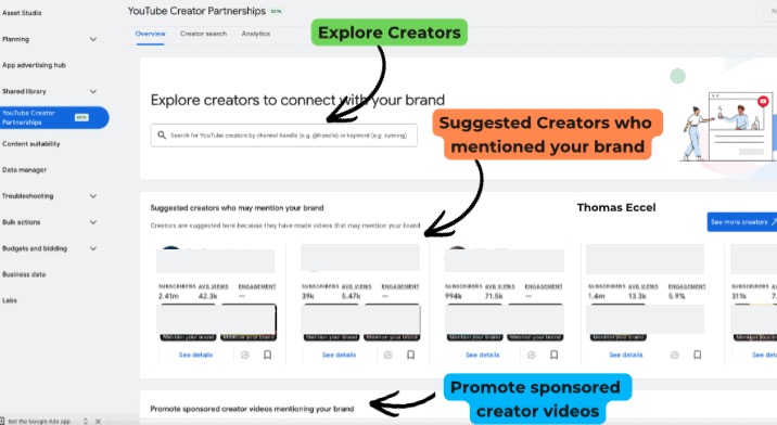 Nowy widok sekcji Program współpracy z twórcami YouTube (Creator Partnerships) w Google Ads