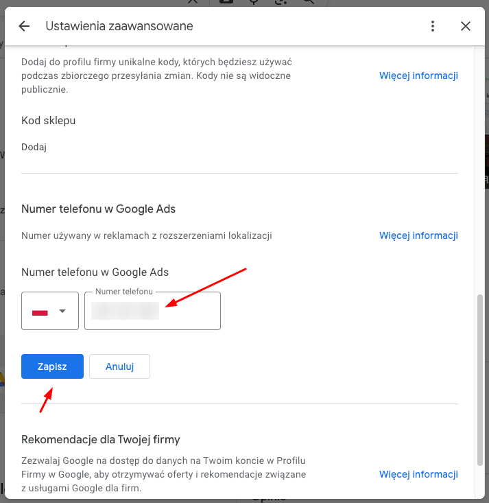 Numer telefonu w reklamach Google Ads a Profil Firmy w Google - ustawienia i wpływ na przypisywanie konwersji