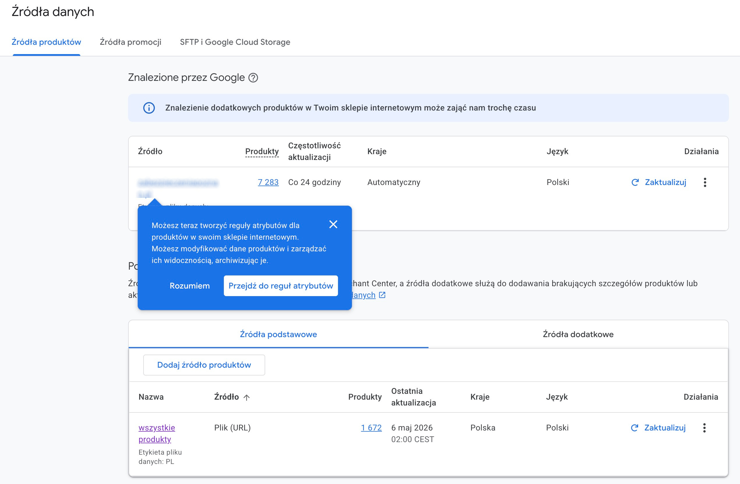 Reguły atrybutów dla produktów znalezionych przez Google