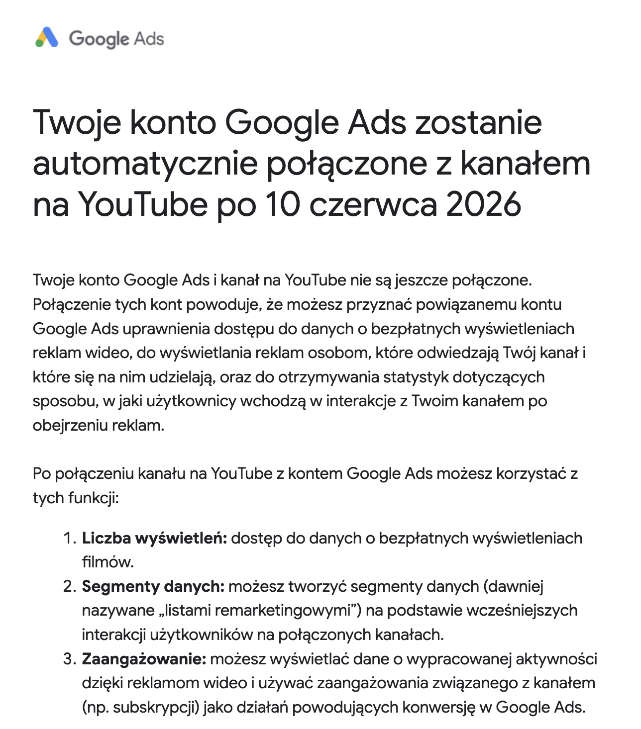 Automatyczne łączenie Google Ads z kanałem YouTube