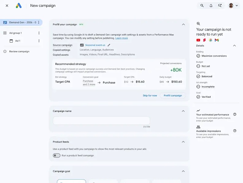 AI-assisted campaign creation dla Demand Gen