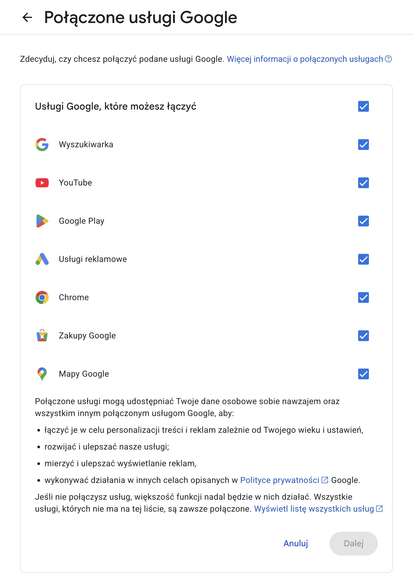 Przypomnienie o połączonych usługach Google