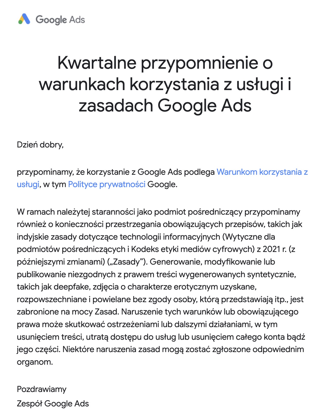 Google przypomina o zasadach Google Ads i treściach generowanych przez AI