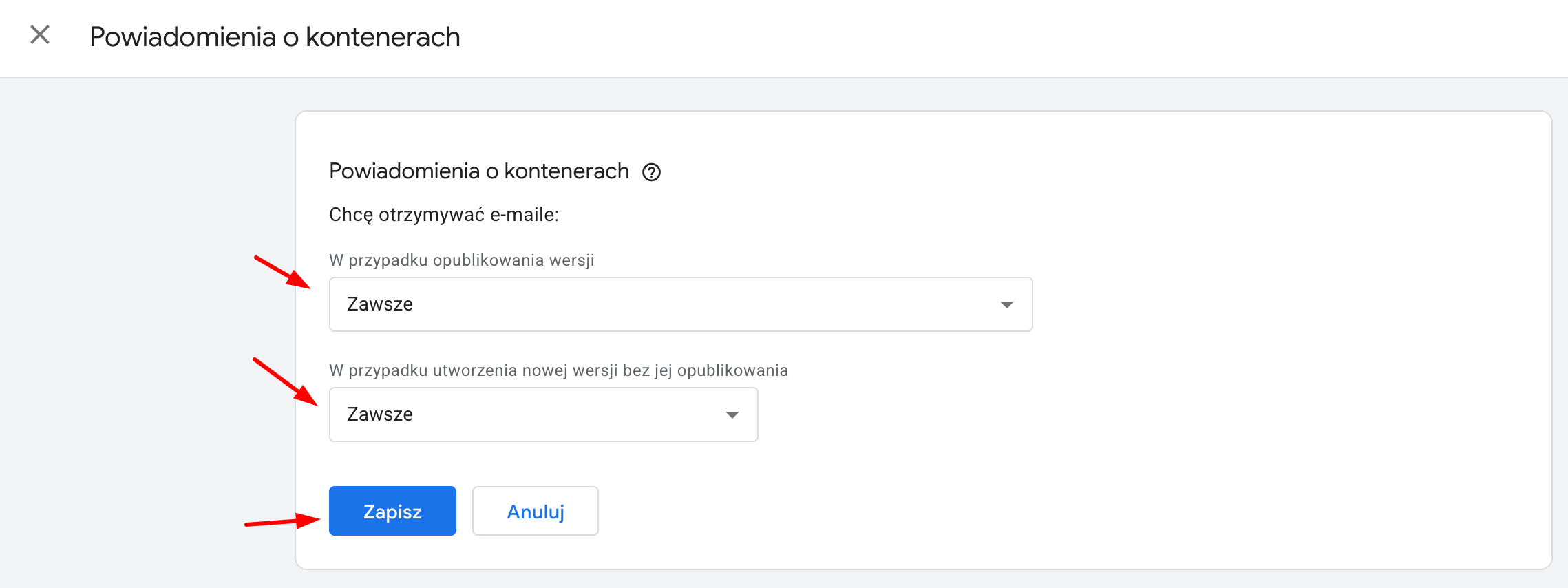 Jak włączyć powiadomienia o zmianach w Google Tag Managerze?