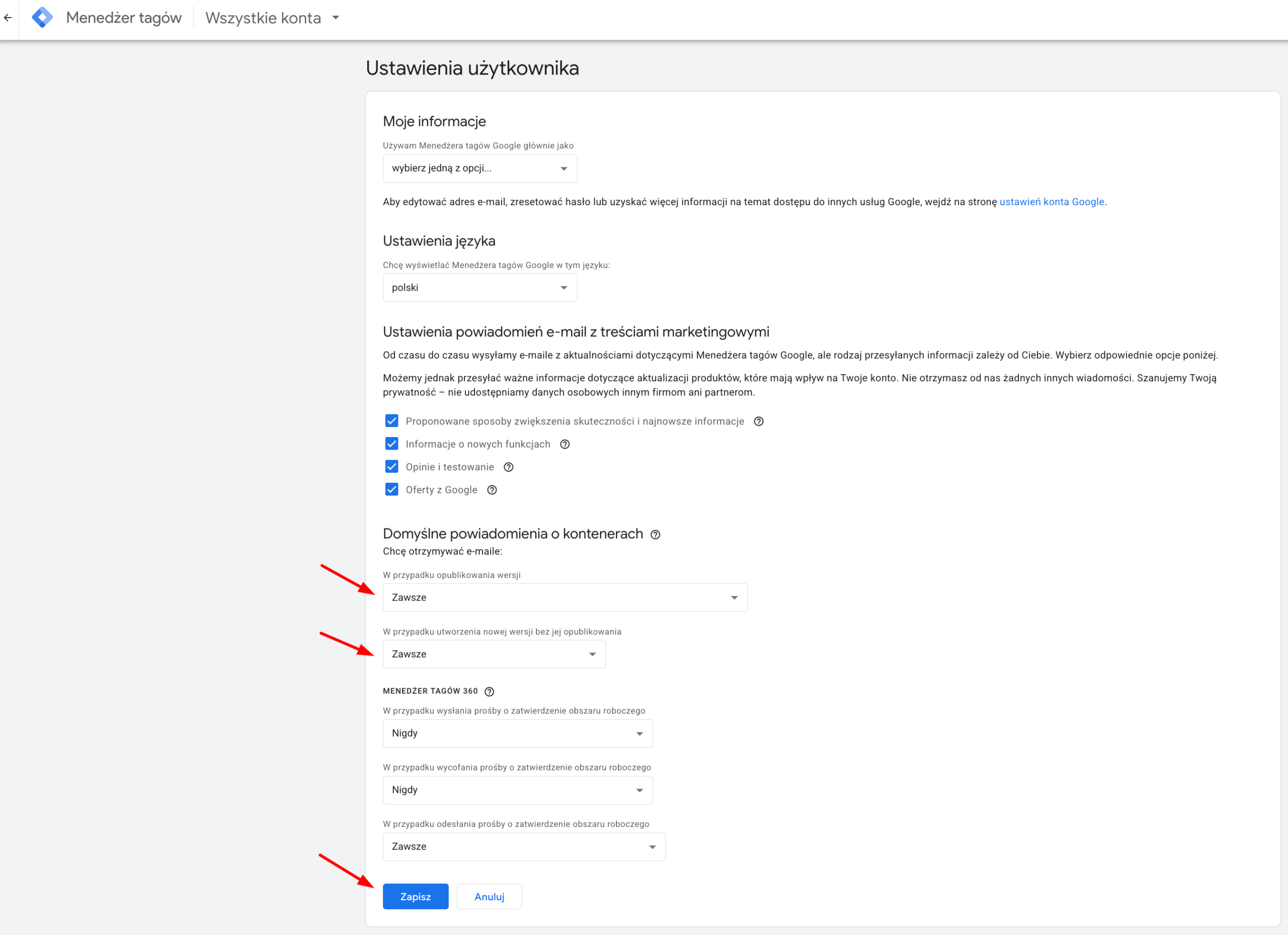 Jak włączyć powiadomienia o zmianach w Google Tag Managerze?