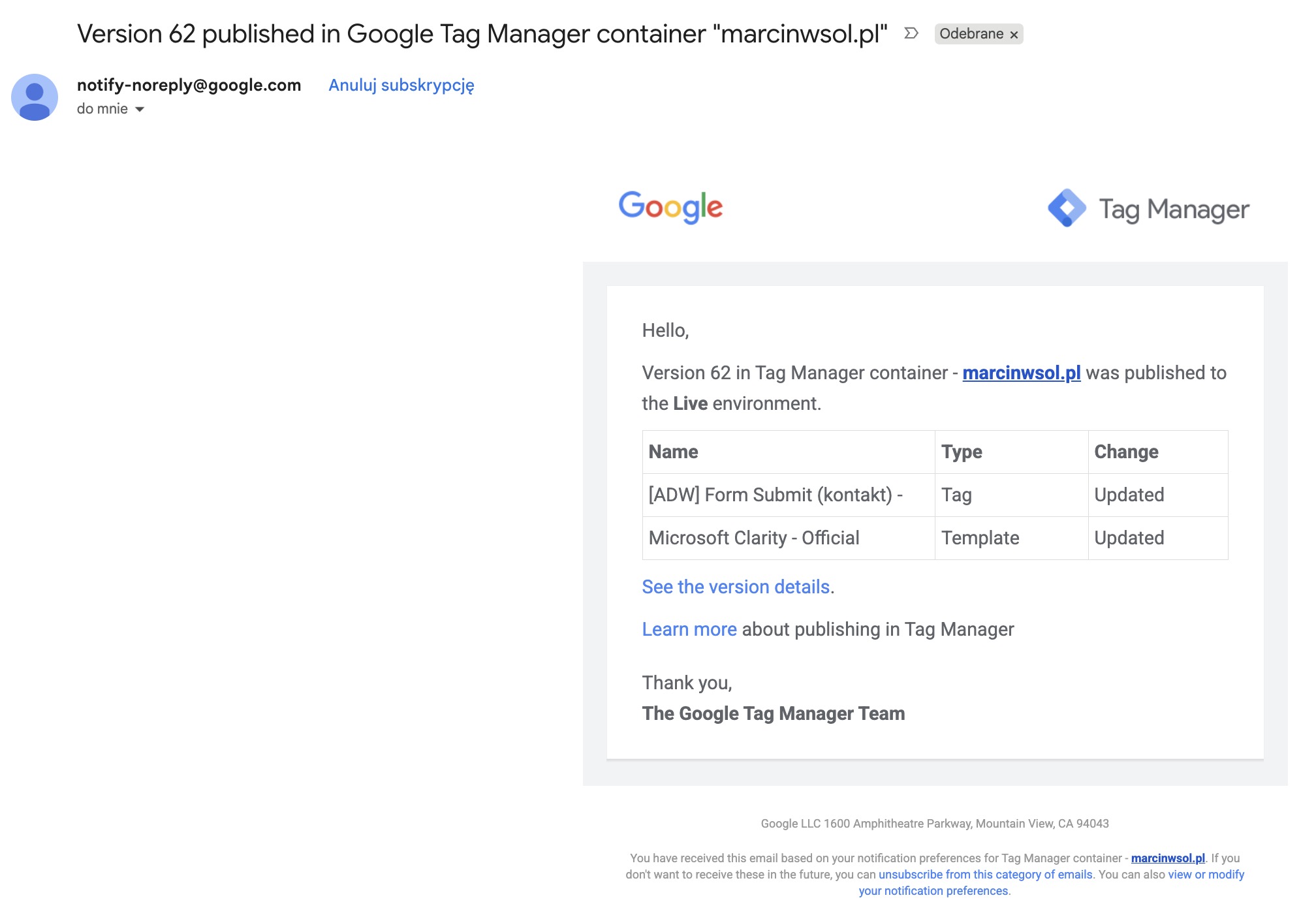 Jak włączyć powiadomienia o zmianach w Google Tag Managerze