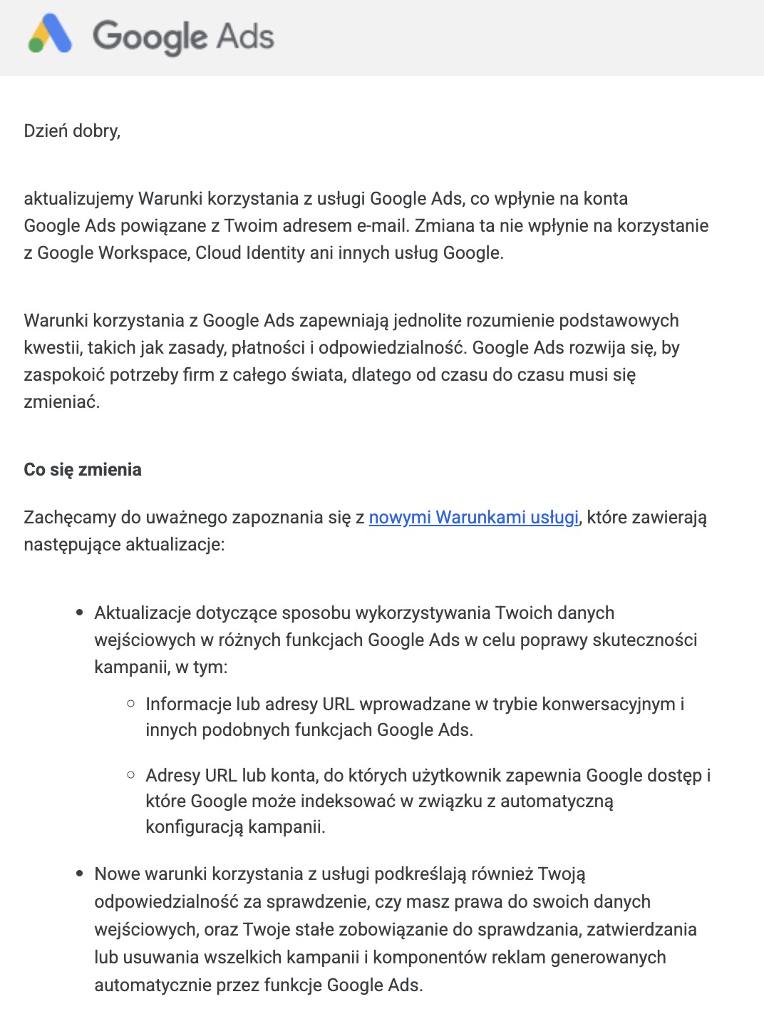 Zmiany w Warunkach korzystania z Google Ads od 1 lipca 2026
