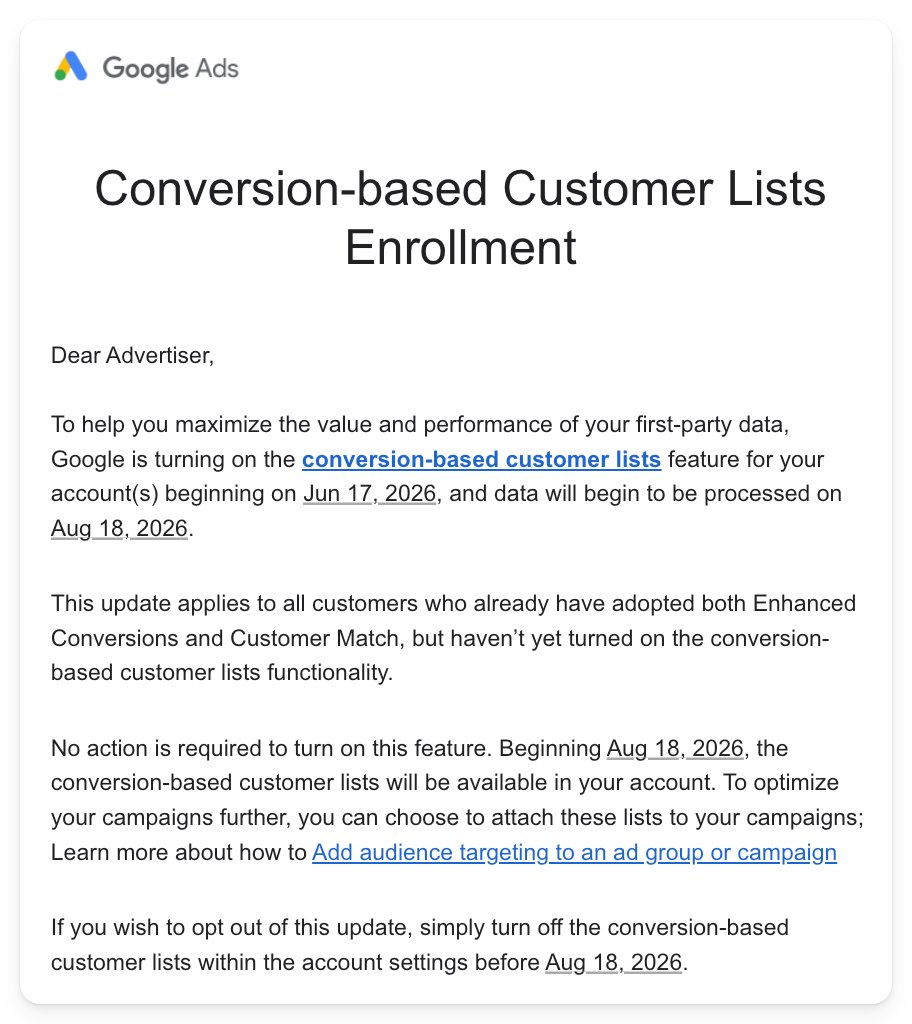 Google Ads automatycznie utworzy nowe listy odbiorców na podstawie konwersji