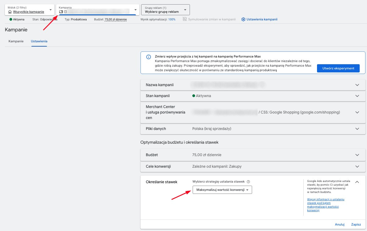 Strategia „Maksymalizuj wartość konwersji” dostępna w standardowych kampaniach produktowych