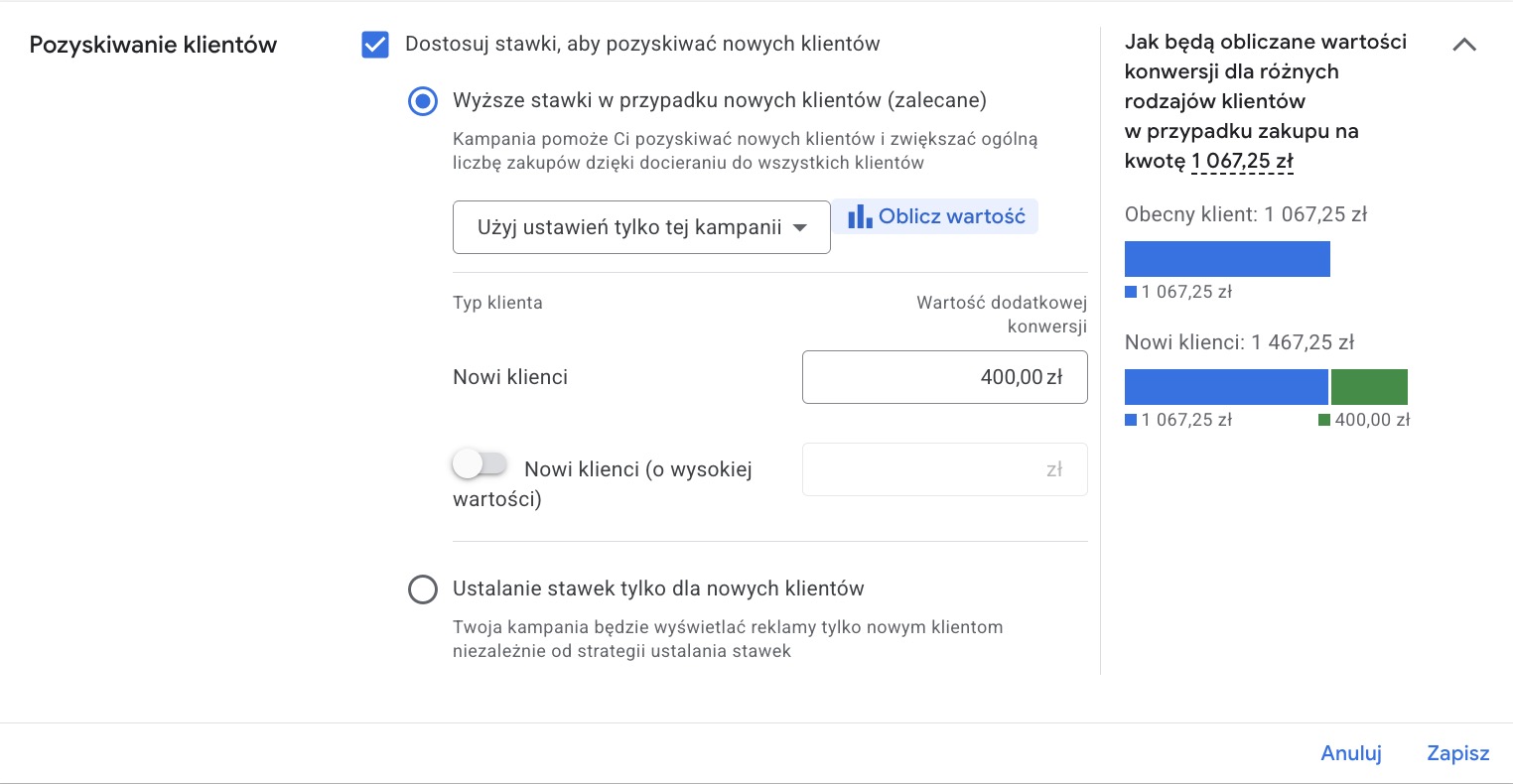 Dlaczego ROAS w Google Ads może być zawyżony? Uważaj na "Wartość nowego klienta”