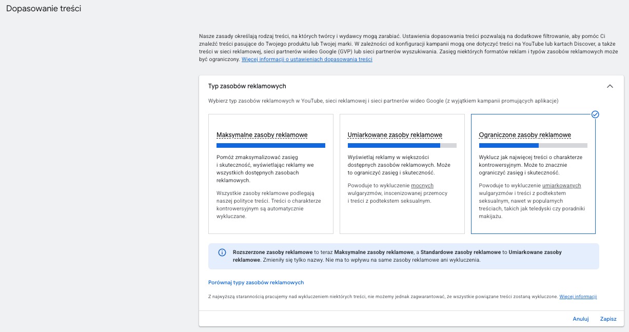 Google zmienił nazwy poziomów bezpieczeństwa treści w Google Ads