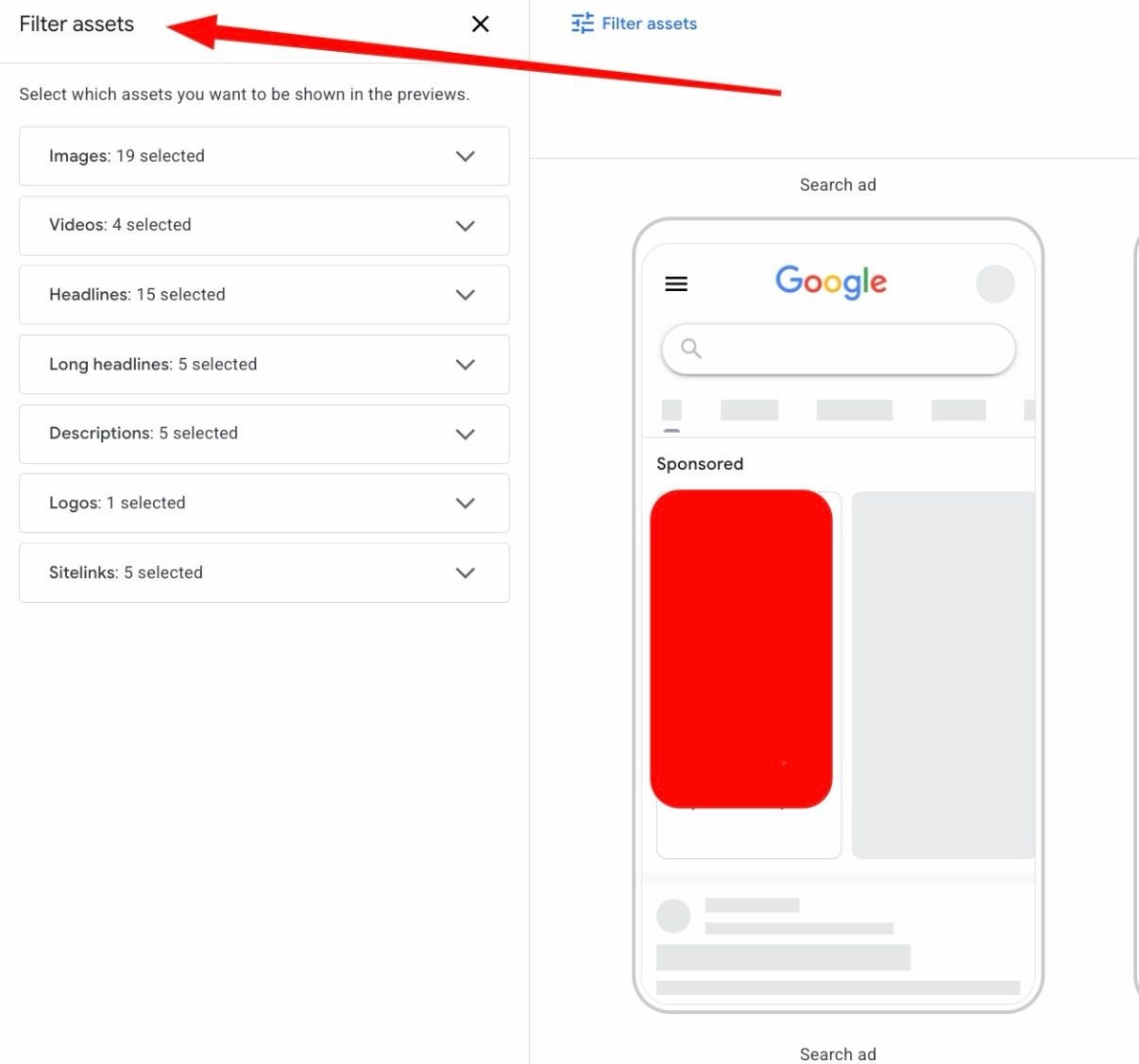 Nowa możliwość filtrowania zasobów w podglądzie reklam Google Ads