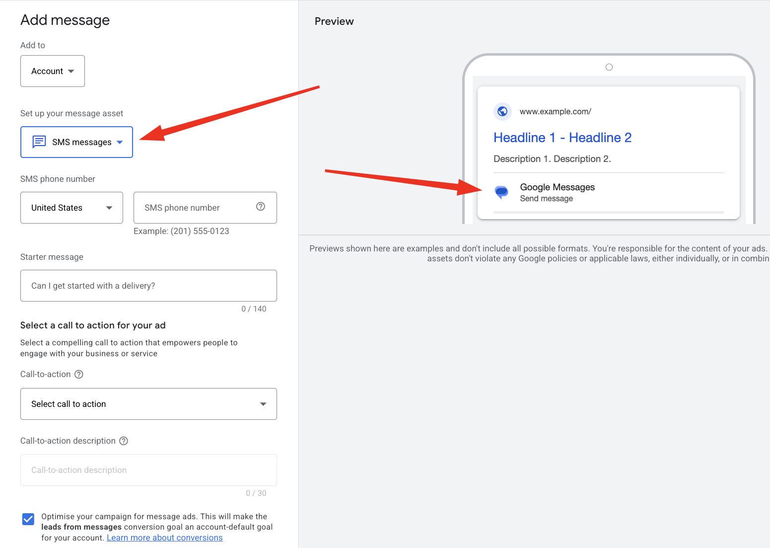 SMS jako nowa opcja zasobu wiadomości w Google Ads