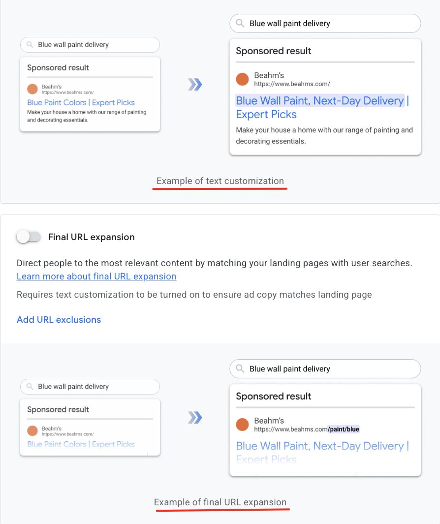 Google pokazuje różnicę między dostosowywaniem tekstu a rozwinięciem końcowego adresu URL