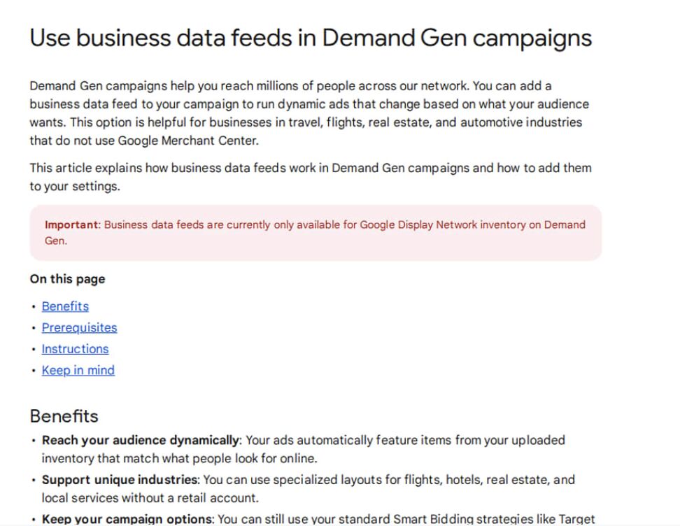 Business Data Feeds dostępne w kampaniach Demand Gen