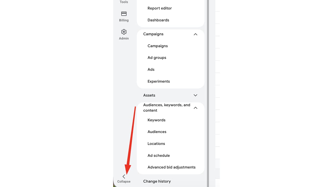 Google Ads testuje nowy przycisk do zwijania menu bocznego