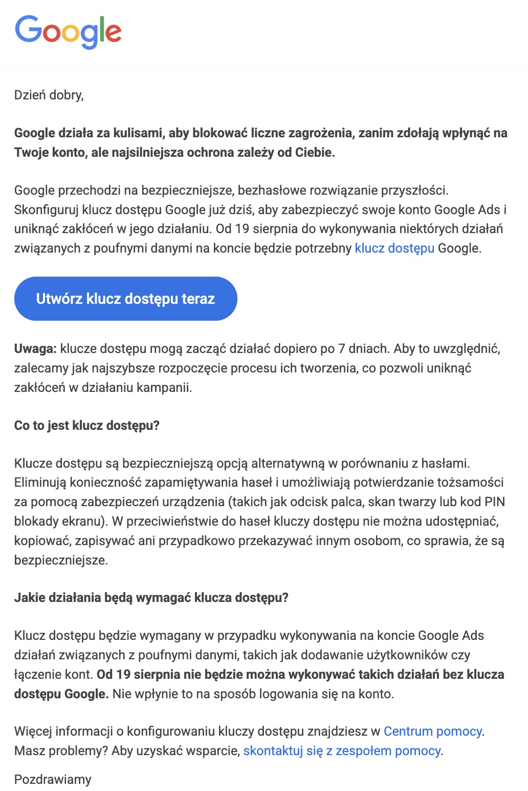 Google będzie wymagał kluczy dostępu do części działań w Google Ads