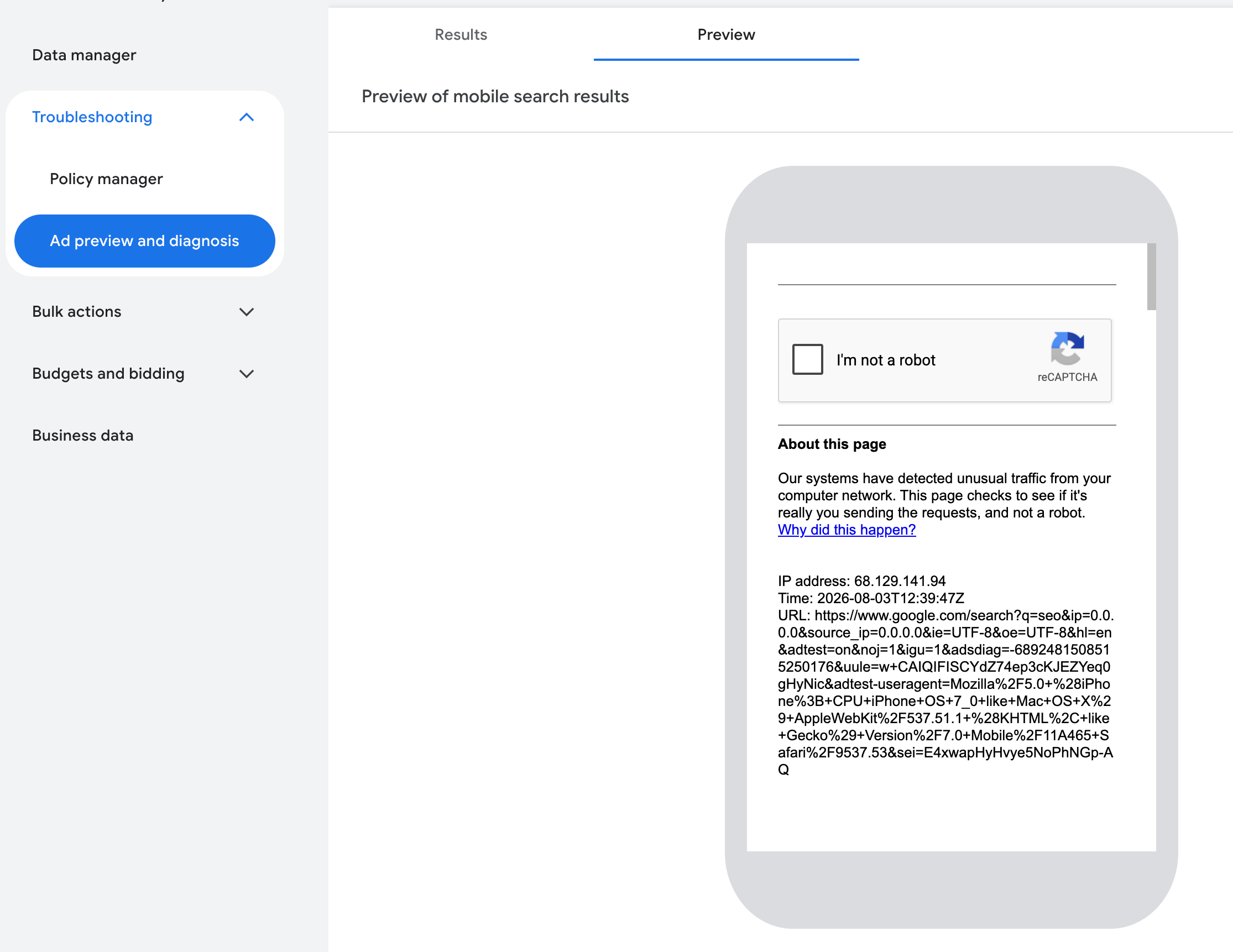 Problem z narzędziem Podgląd i diagnostyka reklam w Google Ads