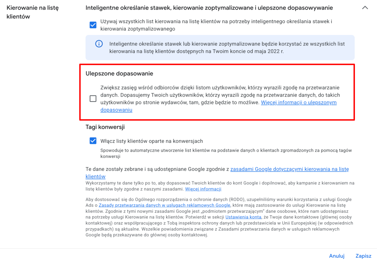 Ulepszone dopasowanie list klientów w Google Ads
