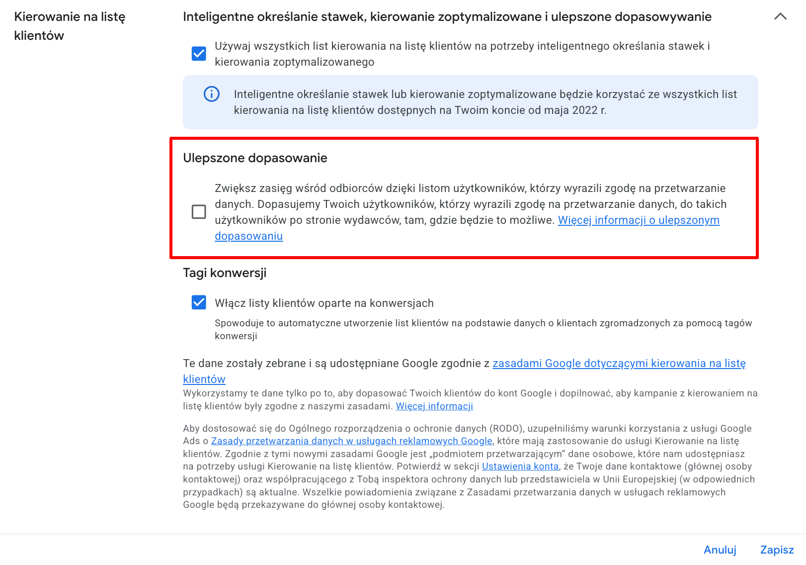 Ulepszone dopasowanie list klientów w Google Ads