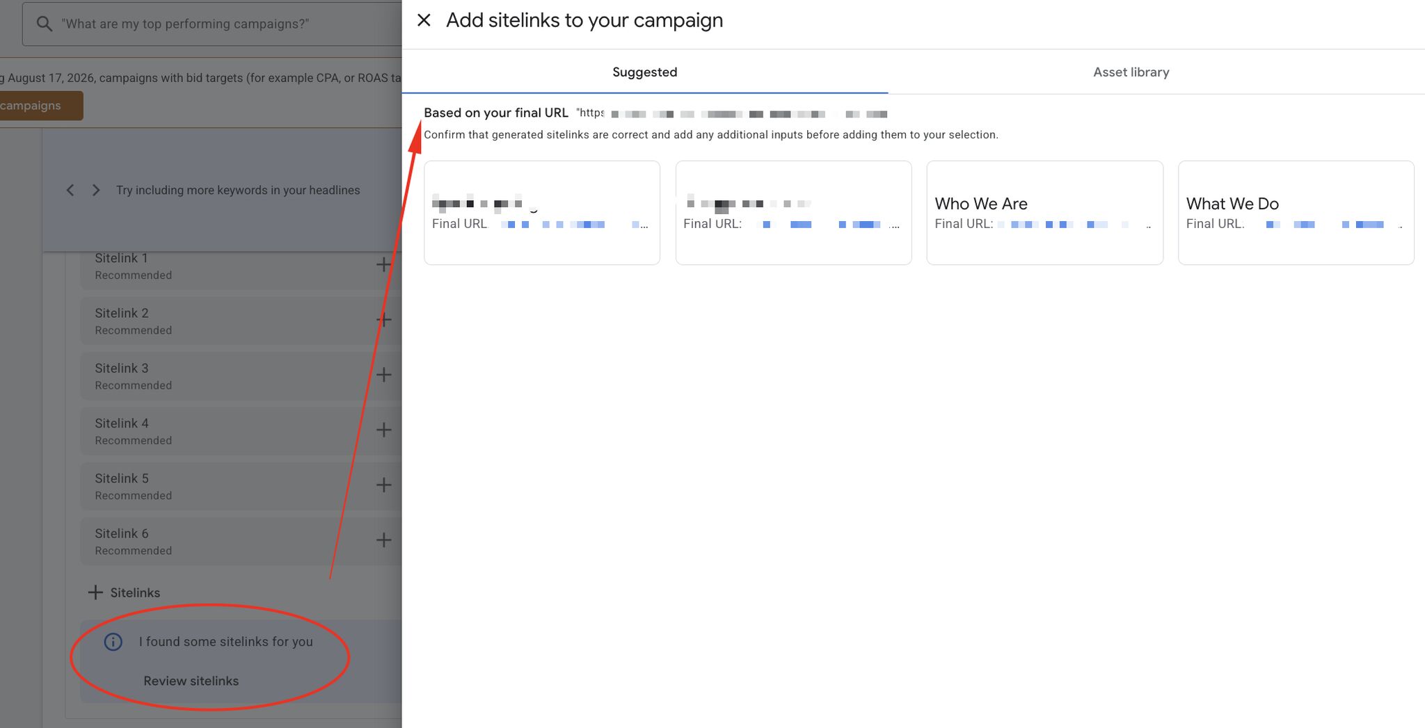 Google Ads aktywnie podpowiada linki do podstron
