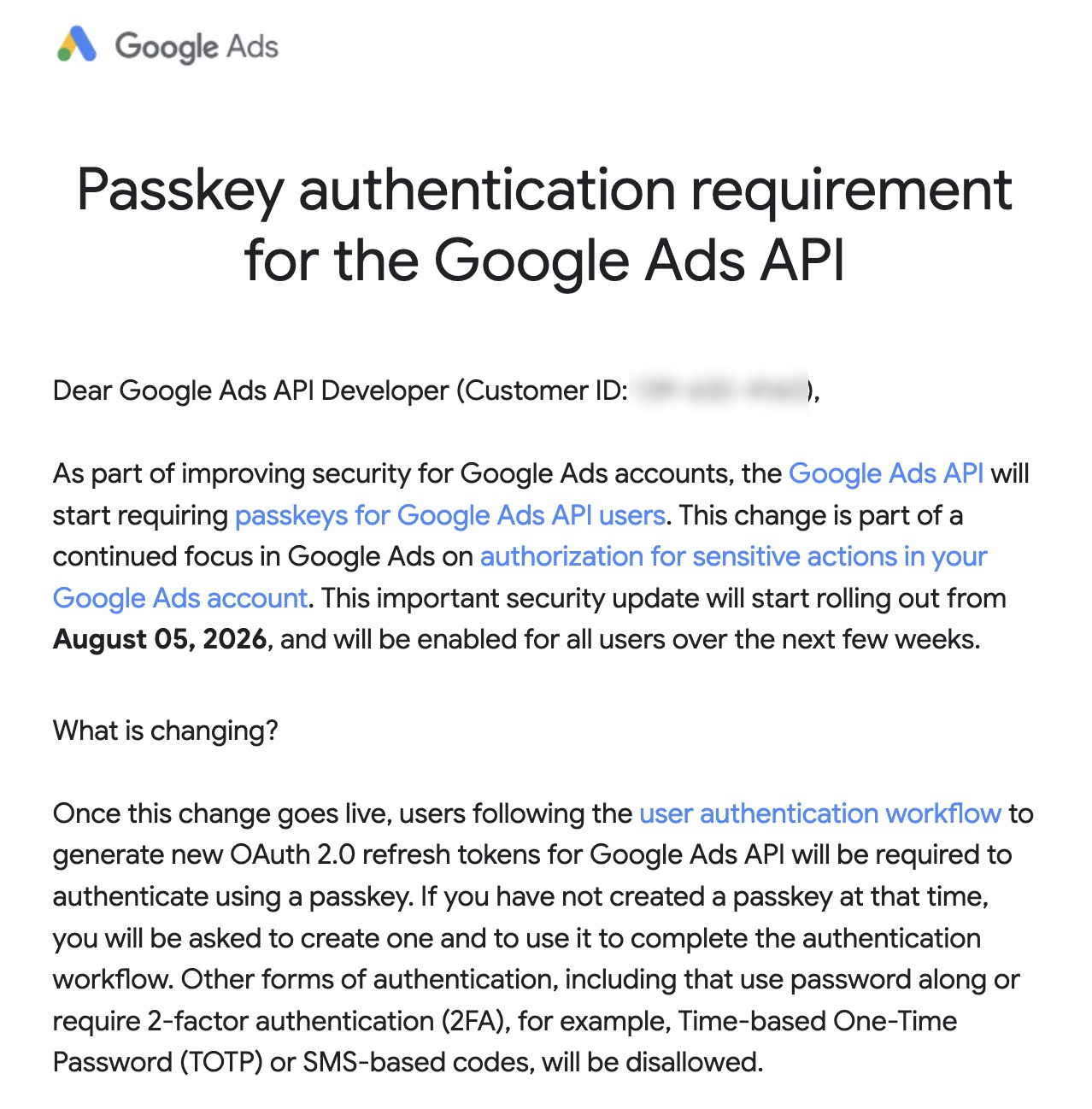 Mailowe powiadomienia o obowiązkowych kluczach dostępu (Passkeys) dla Google Ads API