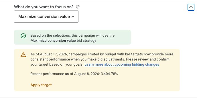 Google Ads proponuje ponowne ustawienie docelowego ROAS