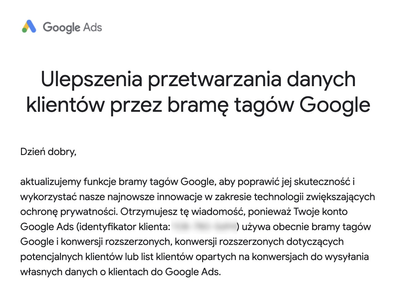 Zmiana sposobu przetwarzania danych klientów przez bramę tagów Google