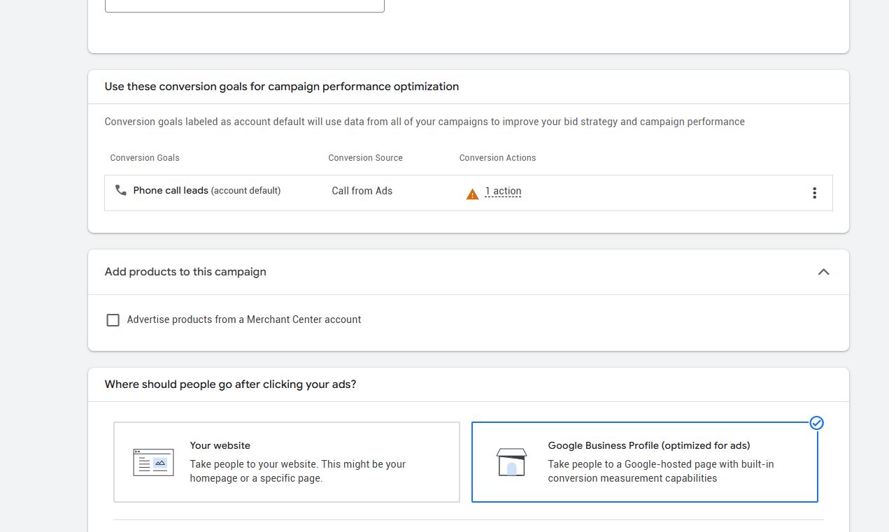 Performance Max z możliwością kierowania użytkowników do Google Business Profile