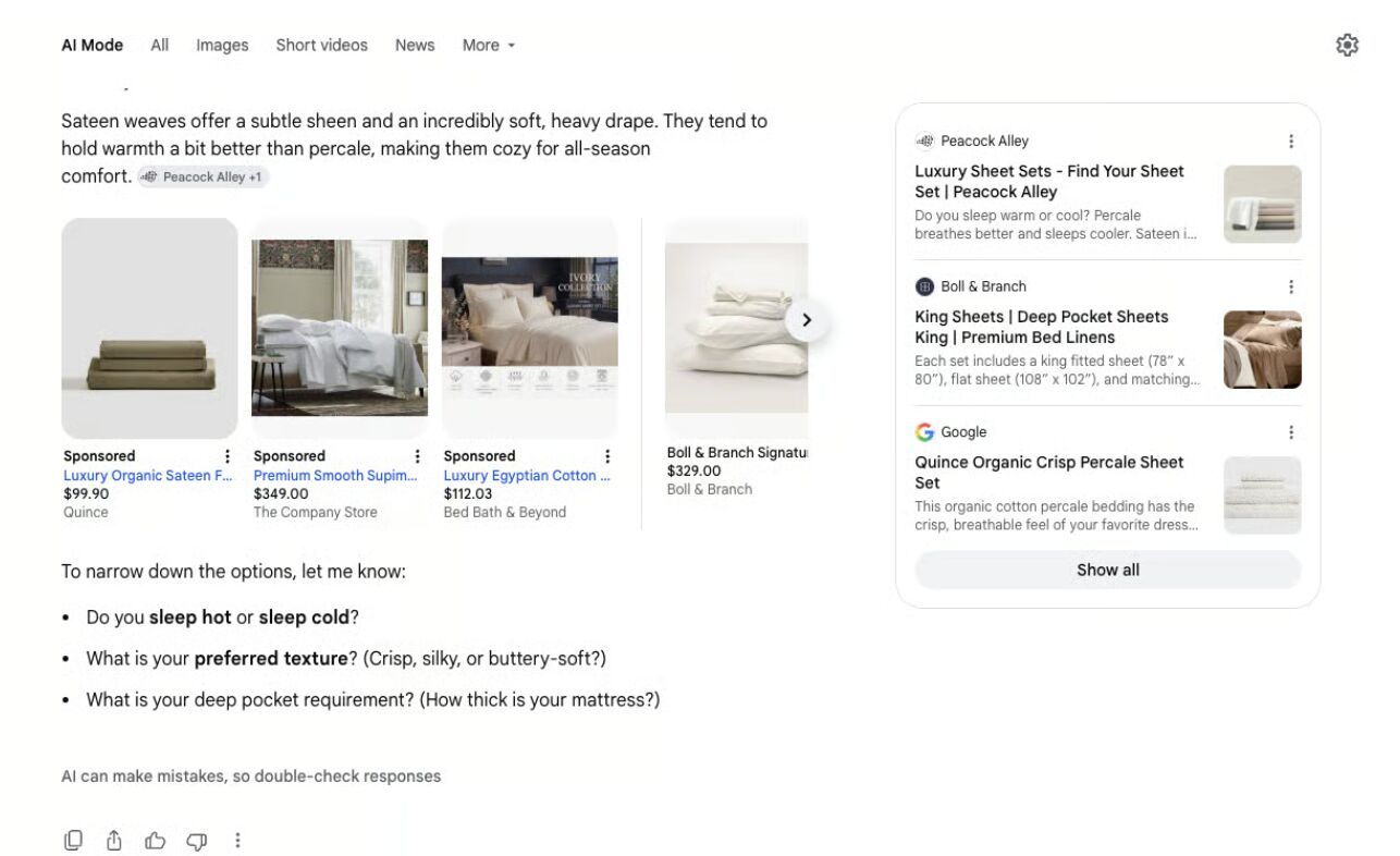 Reklamy i bezpłatne wyniki produktowe razem w Google AI Mode