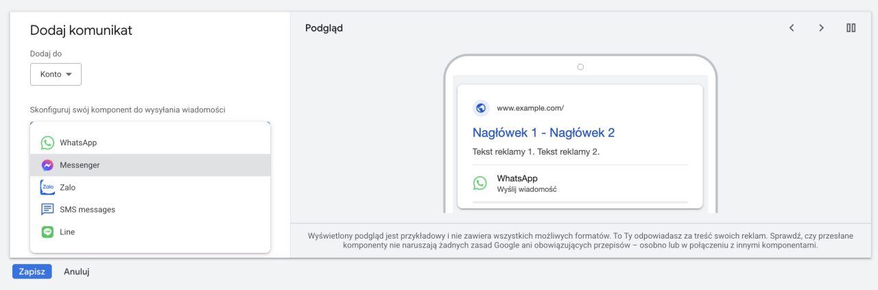 Facebook Messenger jako komponent wiadomości w Google Ads