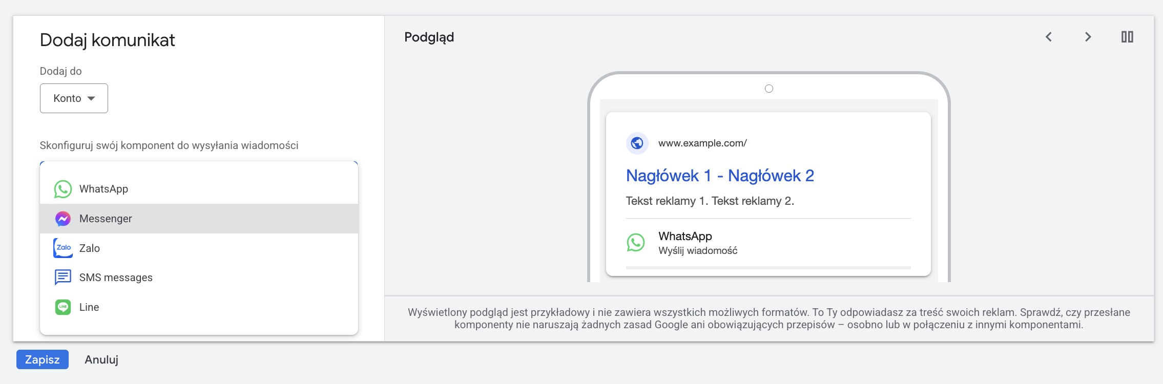 Facebook Messenger jako komponent wiadomości w Google Ads