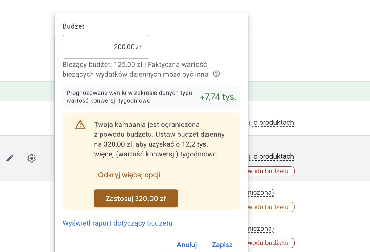 Prognozowane wyniki przy zmianie budżetu dziennego