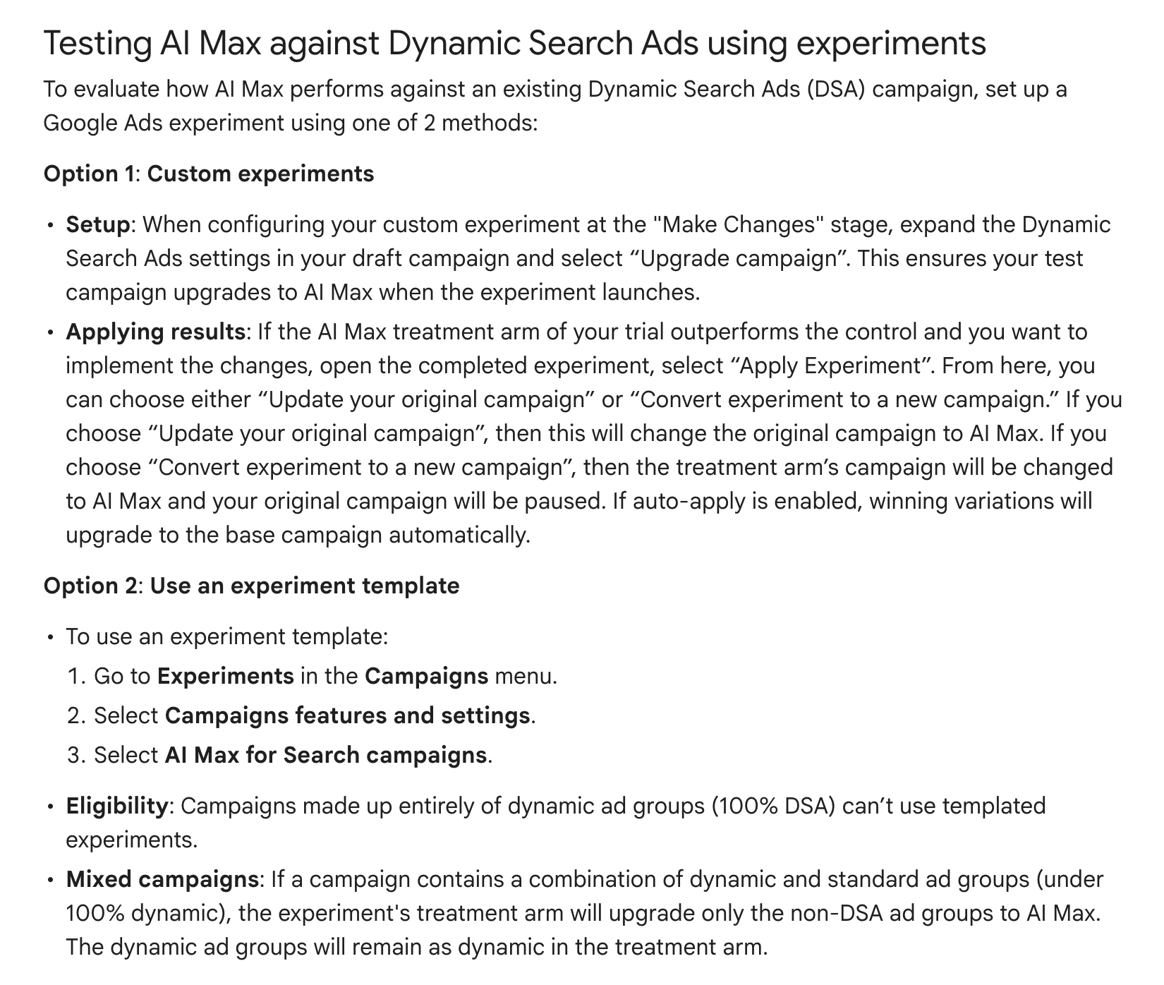 Test AI Max przeciwko dynamicznym reklamom w wyszukiwarce (DSA)